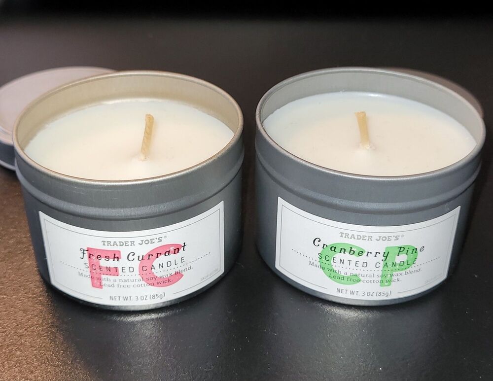 Lot 2 Trader Joes 3 oz Candle Tins Cranberry Pine Fresh Currant Soy Blend New